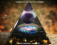 Black Obsidian with Amethyst Sphere Crystal Gemstone EMF Pyramids.