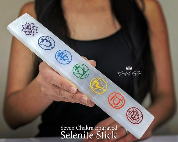 Selenite Seven Chakra Engraved Stick - www.blissfulagate.com