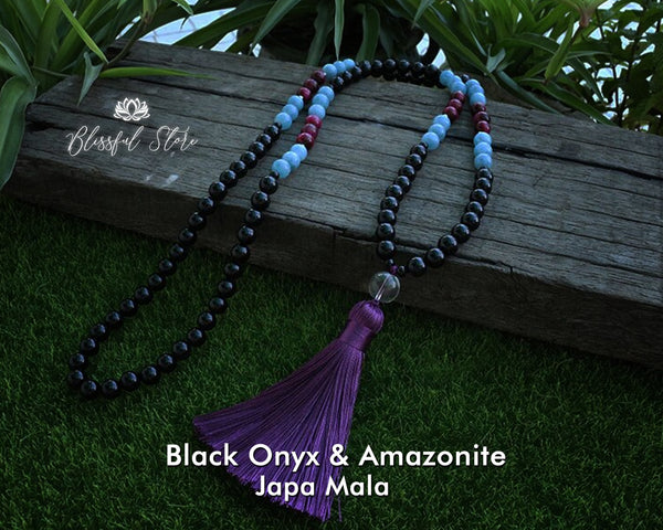 Black Onyx And Amazonite Mix 108 Mala - www.blissfulagate.com