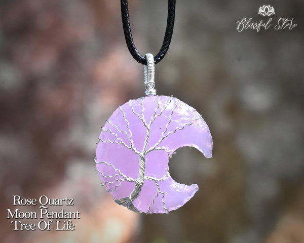 Rose Quartz Tree Of Life Moon Pendant. - www.blissfulagate.com