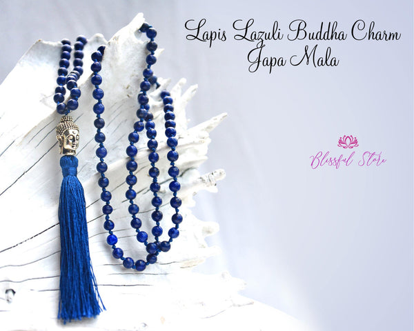 108 Beads Natural Gemstone Lapiz Lazuli with Buddha Charm Japa Mala 8mm - www.blissfulagate.com