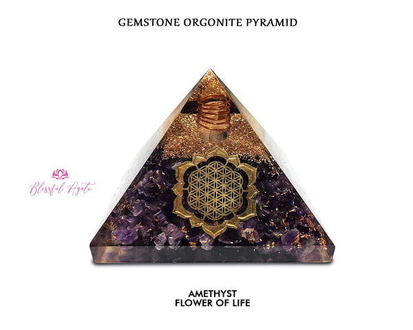 Amethyst Crystal Gemstone Flower of Life EMF Pyramids.