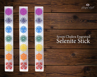 Selenite Seven Chakra Engraved Color Stick - www.blissfulagate.com