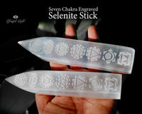Selenite Seven Chakra Engraved Pointed Stick - www.blissfulagate.com