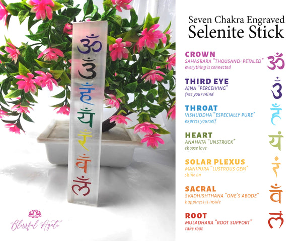 Selenite Seven Chakra Engraved Stick - www.blissfulagate.com