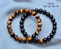 Black Obsidian and Tiger Eye Mixed Gemstone Beaded Bracelets .