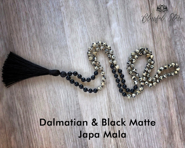 Dalamatian & Black Matte108 Beads Japa Mala With Buddha Charm - www.blissfulagate.com