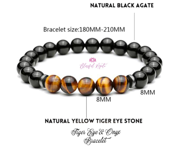Black Onyx and Tiger Eye Gemstone Beaded Bracelets .