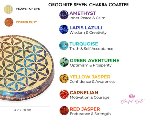 Seven Chakra Flower of Life Orgone Water Charging Plate / Coaster - www.blissfulagate.com
