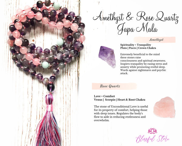 Natural Gemstone Pure Amethyst and Rose Quartz Stones Japa Mala 8mm