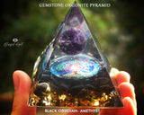 Black Obsidian with Amethyst Sphere Crystal Gemstone EMF Pyramids.