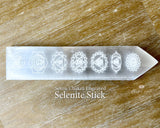 Selenite Seven Chakra Engraved Pointed Stick - www.blissfulagate.com