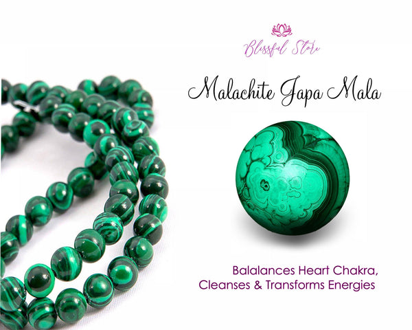 108 Beads Natural Gemstone Pure Green Malachite Stones Japa Mala 8mm - www.blissfulagate.com