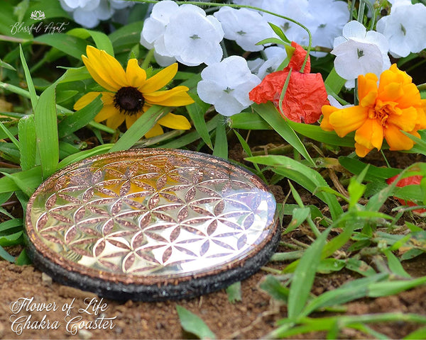 Black Tourmaline Flower of Life Orgone ( Silver Chakra ) Water Charging Plate / Coaster