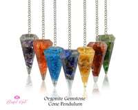 Orgonite Seven Chakra Chipstone Cone Pendulum - www.blissfulagate.com