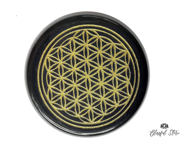 Flower Of Life Engraved Tourmaline Charging Coaster - www.blissfulagate.com
