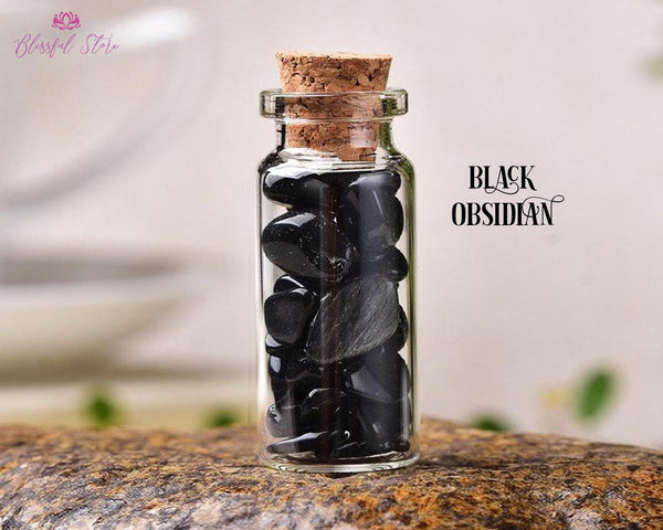 Orgonite Black Obsidian Gemstone Mini Bottle Wishing Bottle - www.blissfulagate.com