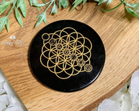 Flower Of Life 7 chakra Engraved Tourmaline Charging Coaster - www.blissfulagate.com