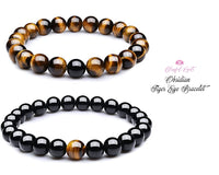 Black Obsidian and Tiger Eye Mixed Gemstone Beaded Bracelets .