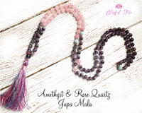 Natural Gemstone Pure Amethyst and Rose Quartz Stones Japa Mala 8mm