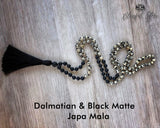 Dalamatian & Black Matte108 Beads Japa Mala With Buddha Charm - www.blissfulagate.com