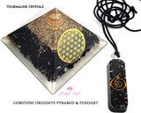 Black Tourmaline Crystal Gemstone Flower of Life EMF Pyramids.