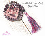 Natural Gemstone Pure Amethyst and Rose Quartz Stones Japa Mala 8mm