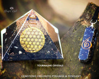 Black Tourmaline Crystal Gemstone Flower of Life EMF Pyramids.