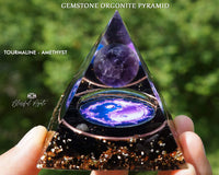 Black Tourmaline with Amethyst Sphere Crystal Gemstone EMF Pyramids.