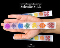 Selenite Seven Chakra Engraved Color Stick - www.blissfulagate.com