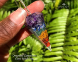 Orgonite Seven Chakra Chipstone Cone Pendulum - www.blissfulagate.com