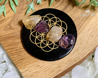 Flower Of Life 7 chakra Engraved Tourmaline Charging Coaster - www.blissfulagate.com