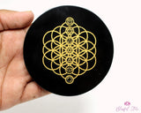 Flower Of Life 7 chakra Engraved Tourmaline Charging Coaster - www.blissfulagate.com