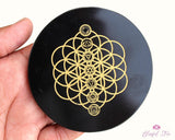 Flower Of Life 7 chakra Engraved Tourmaline Charging Coaster - www.blissfulagate.com