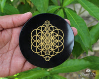 Flower Of Life 7 chakra Engraved Tourmaline Charging Coaster - www.blissfulagate.com